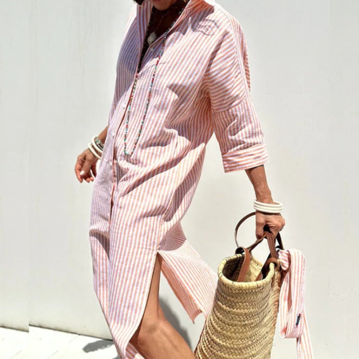 Breezy | Women's Linen Button-Down Stripe Shirt Dress