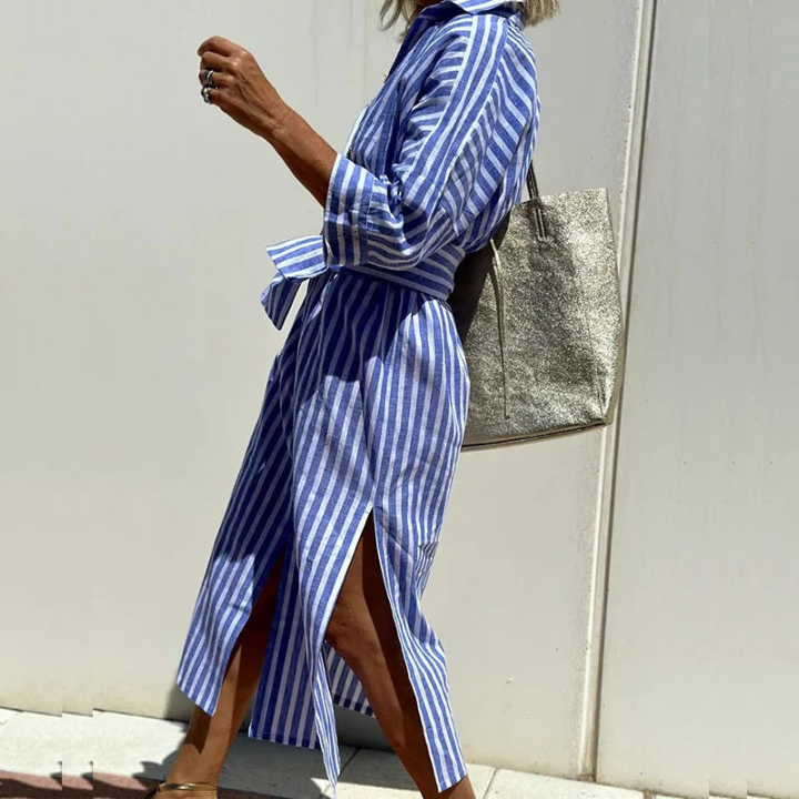 Breezy | Women's Linen Button-Down Stripe Shirt Dress