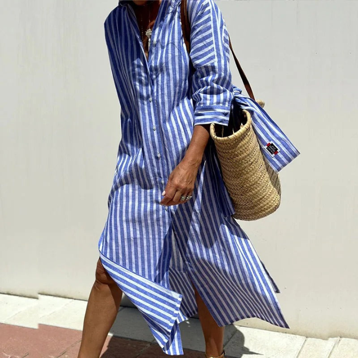 Breezy | Women's Linen Button-Down Stripe Shirt Dress