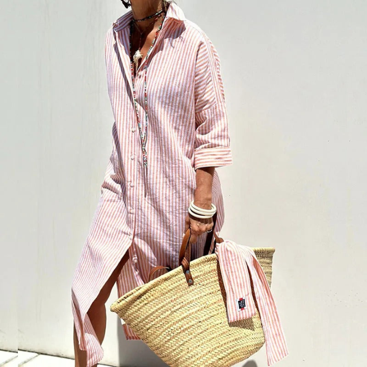 Breezy | Women's Linen Button-Down Stripe Shirt Dress