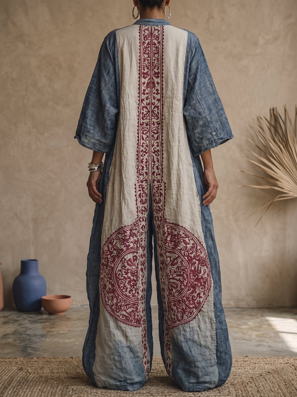 Esme | Vintage Print V-Neck 3/4-Sleeve Jumpsuit
