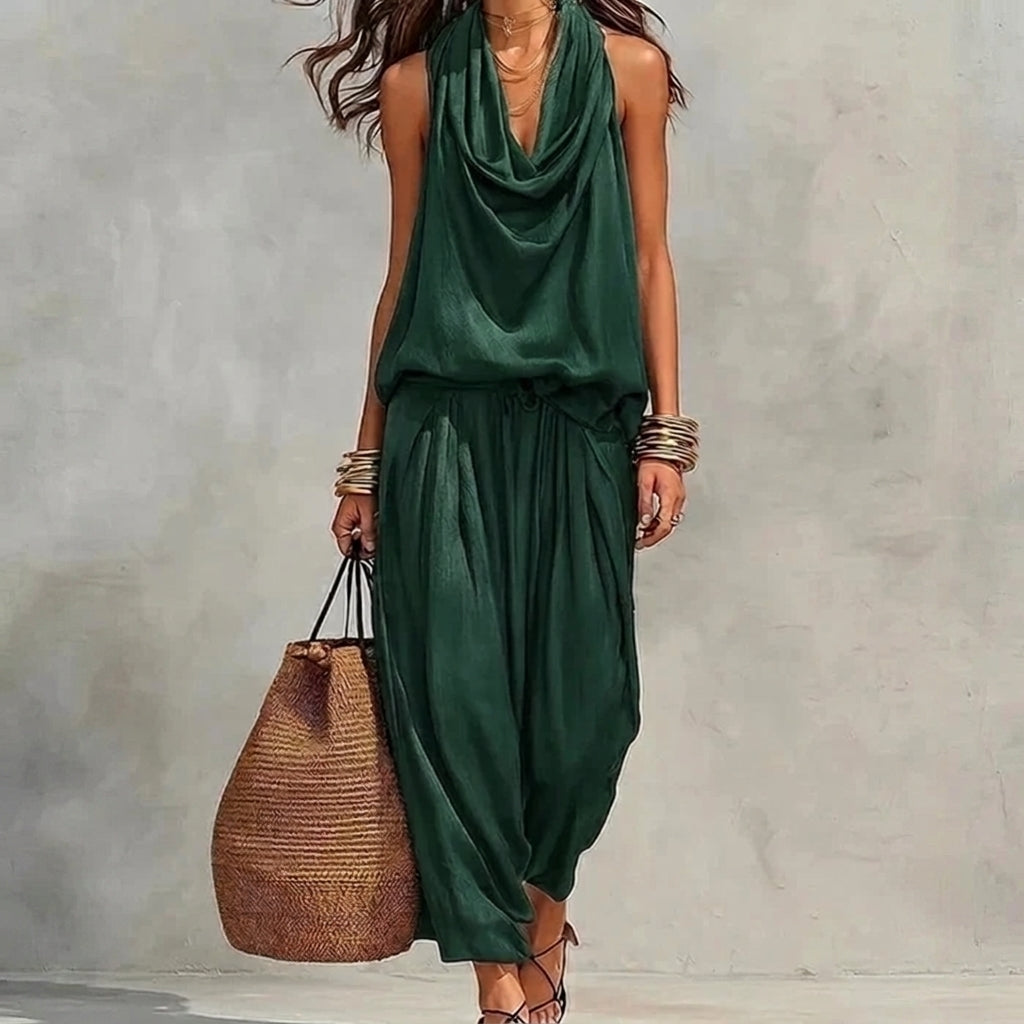 Ambra | Flowy Set with Draped Halter Top and Pants - Green