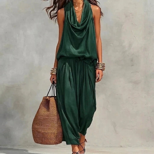Ambra | Flowy Set with Draped Halter Top and Pants - Green