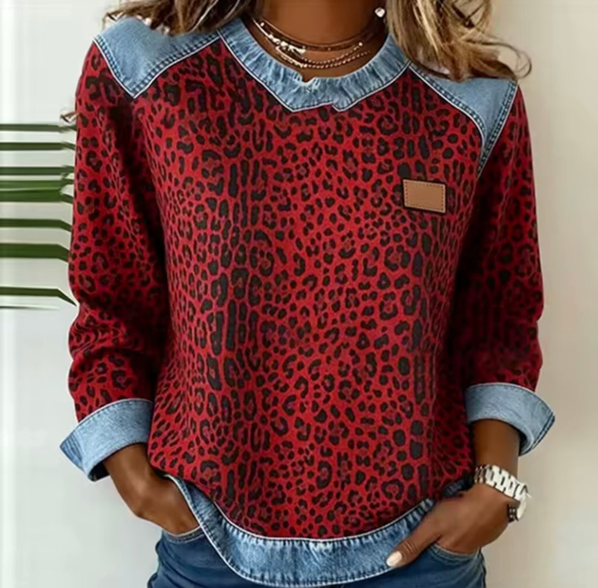 Darlene | Animal Print Contrast-Trim Sweater - Red