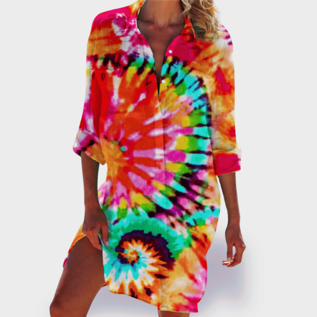 Marea | Women's Cotton Print Collared Long Sleeve Shirt Dress