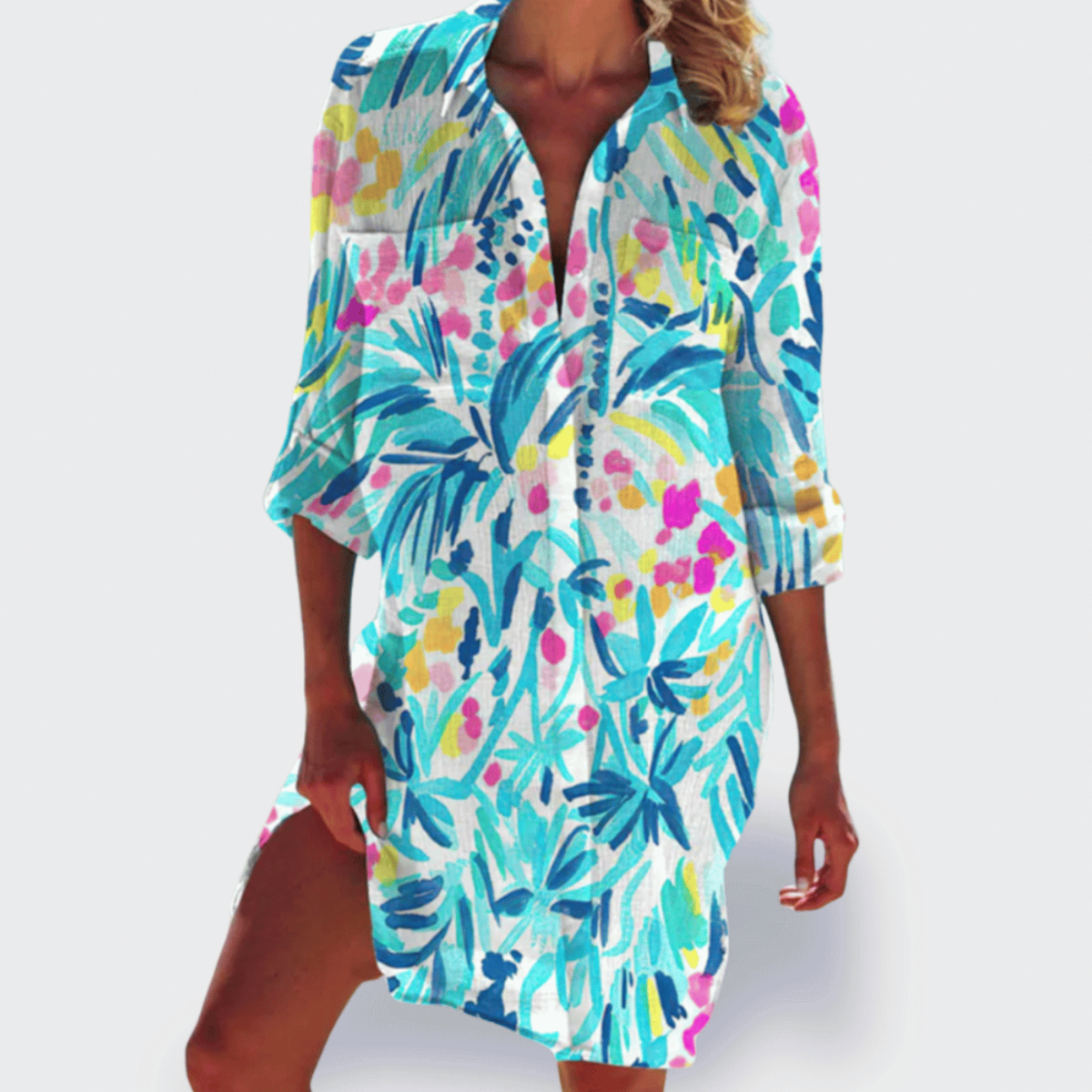 Marea | Women's Cotton Print Collared Long Sleeve Shirt Dress