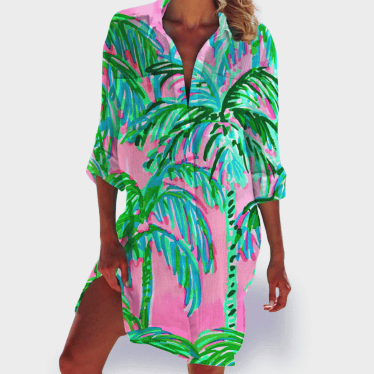 Marea | Women's Cotton Print Collared Long Sleeve Shirt Dress
