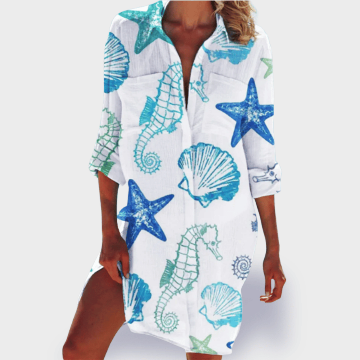 Marea | Women's Cotton Print Collared Long Sleeve Shirt Dress