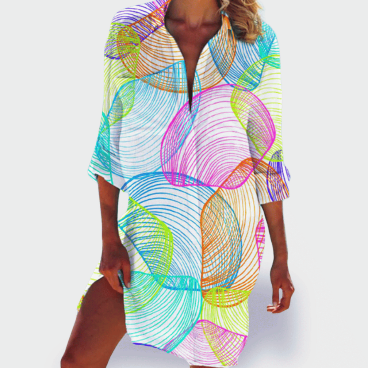 Marea | Women's Cotton Print Collared Long Sleeve Shirt Dress