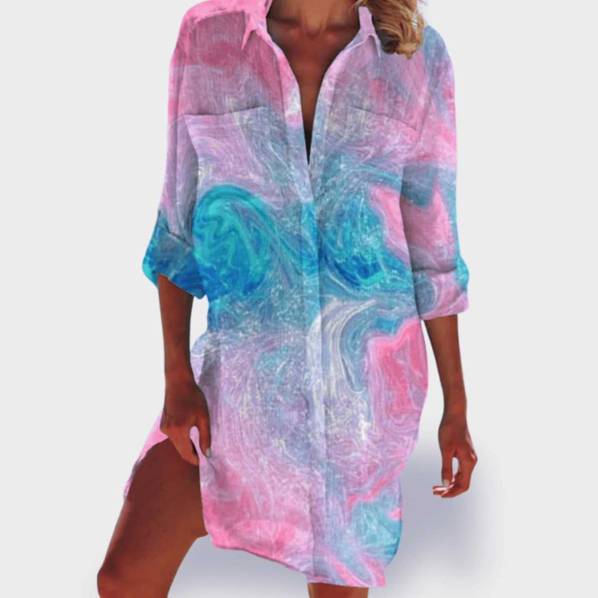 Marea | Women's Cotton Print Collared Long Sleeve Shirt Dress