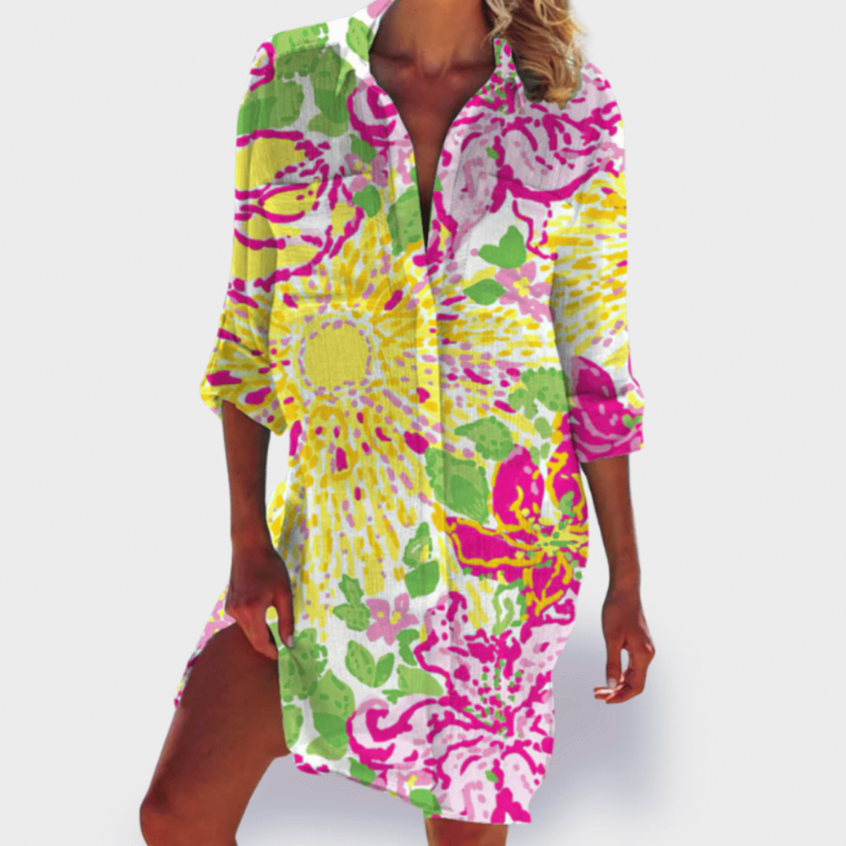 Marea | Women's Cotton Print Collared Long Sleeve Shirt Dress