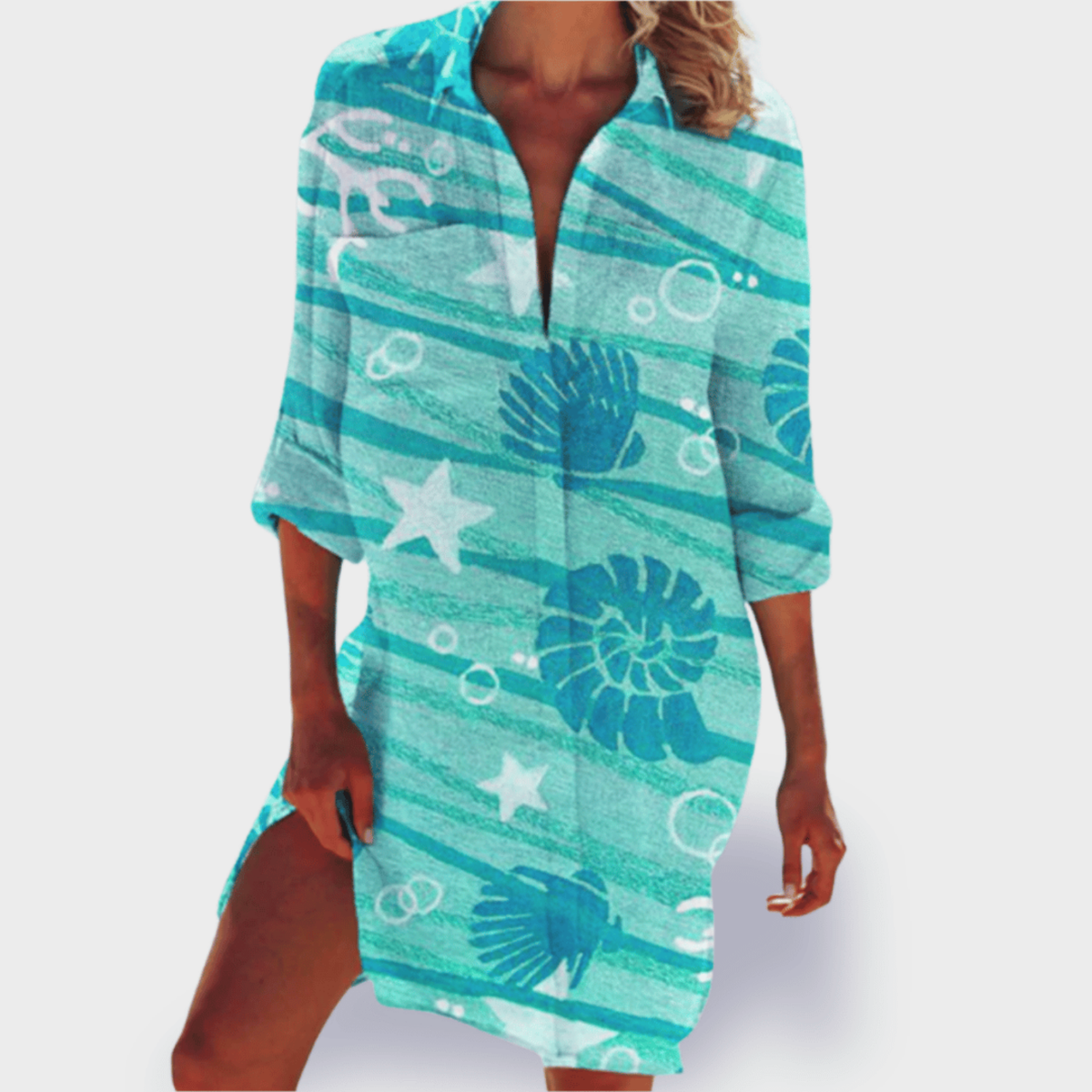 Marea | Women's Cotton Print Collared Long Sleeve Shirt Dress