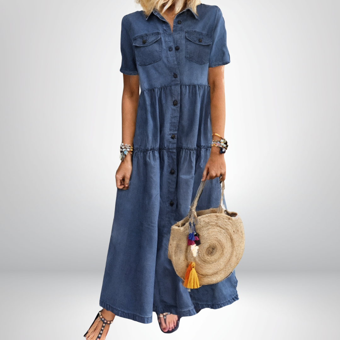 Marigold | Women's Denim Tiered Shirt Maxi Dress
