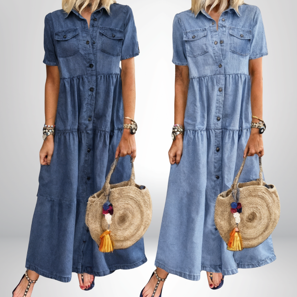 Marigold | Women's Denim Tiered Shirt Maxi Dress