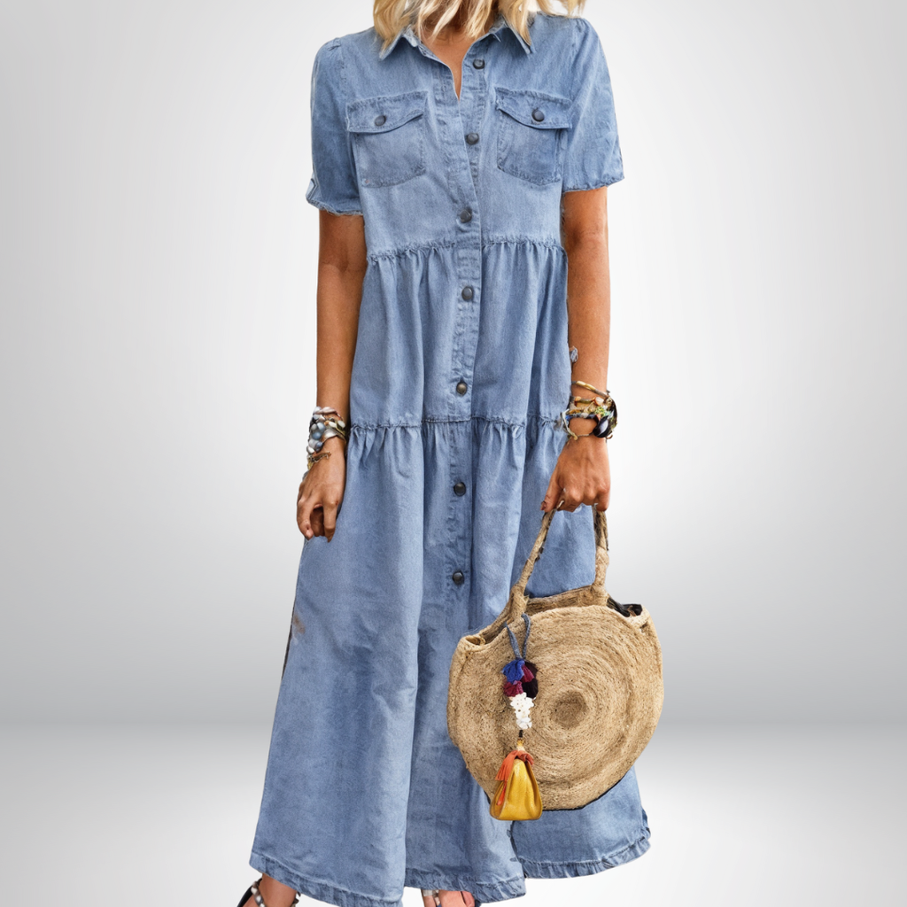 Marigold | Women's Denim Tiered Shirt Maxi Dress