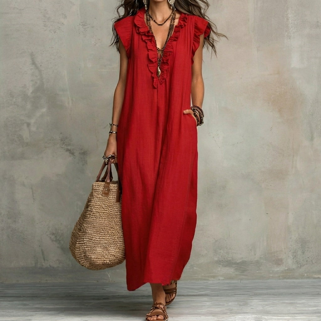 Josefina™ | Linen-Texture Maxi Dress with V-Neck & Ruffles