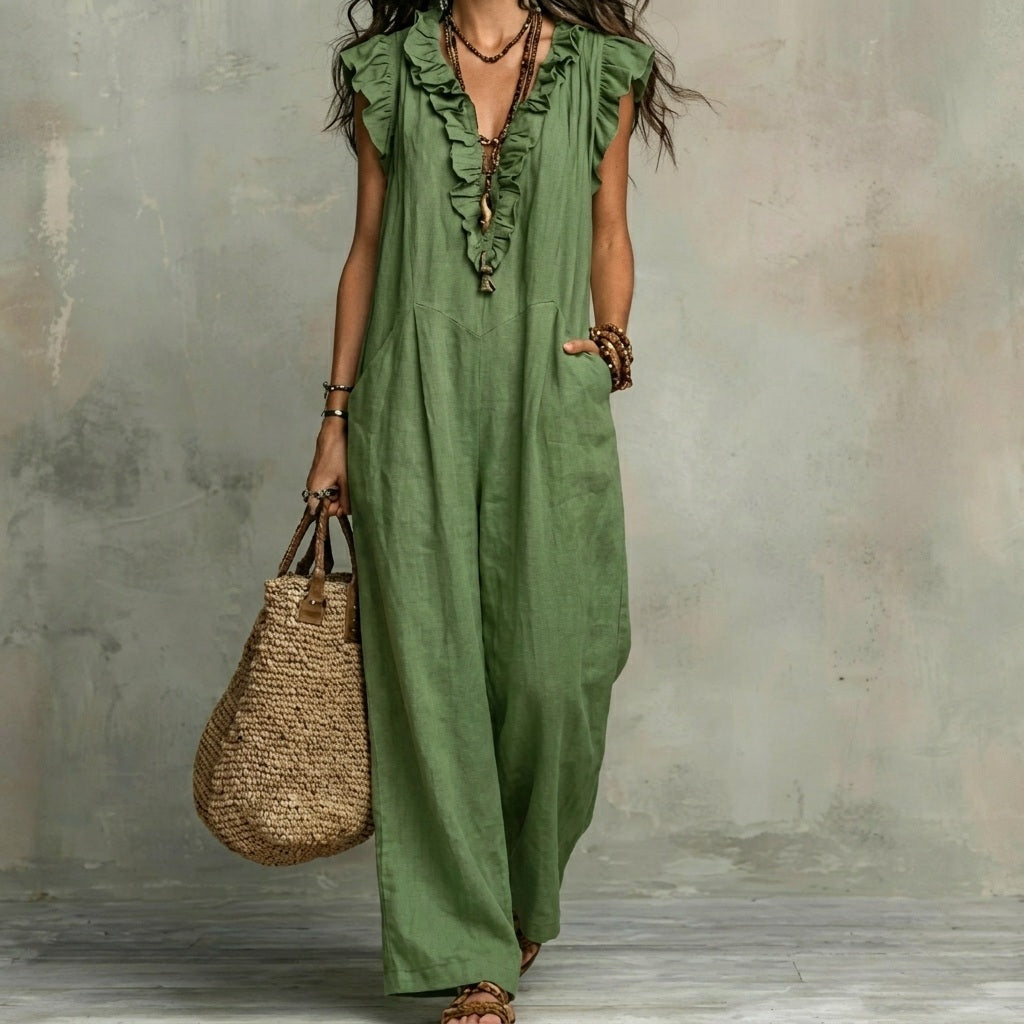 Josefina™ | Linen-Texture Maxi Dress with V-Neck & Ruffles