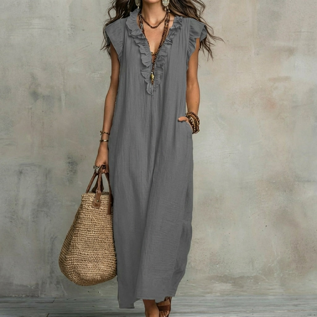 Josefina™ | Linen-Texture Maxi Dress with V-Neck & Ruffles
