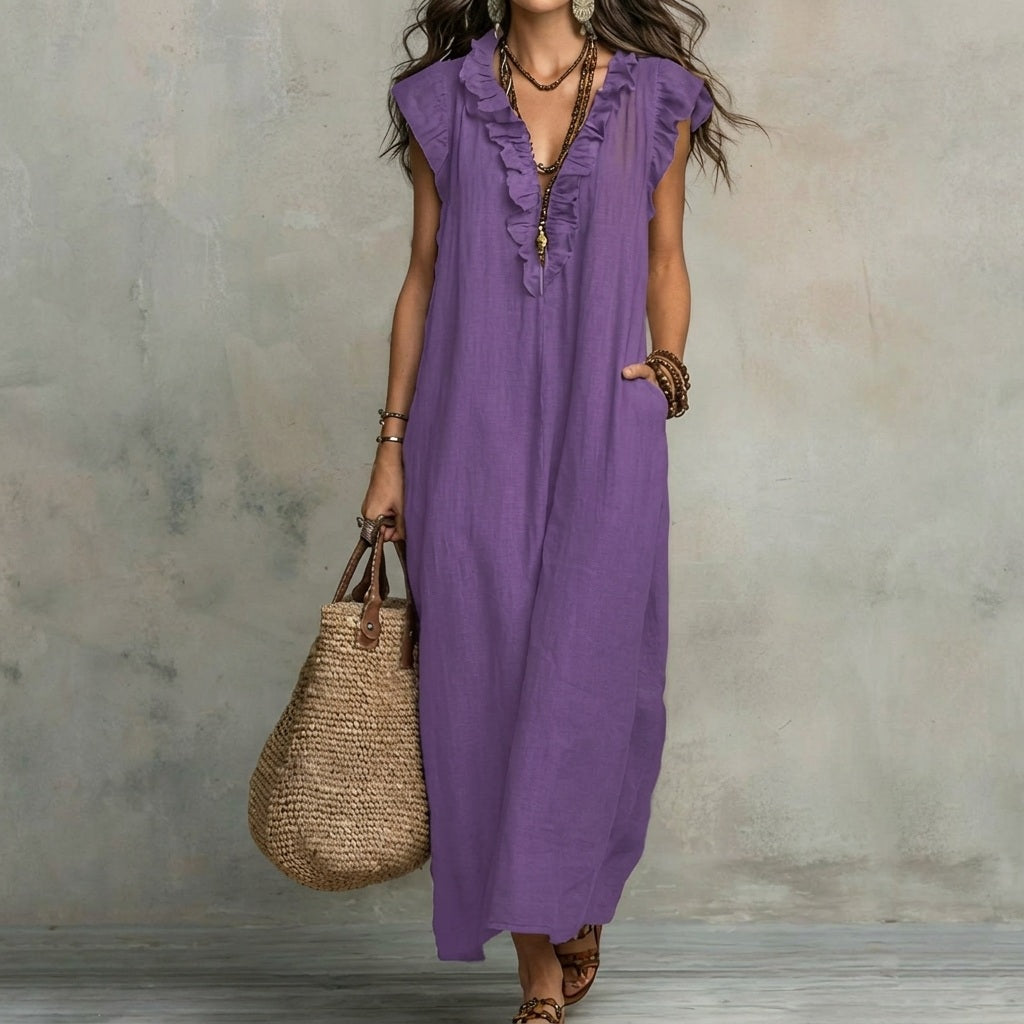 Josefina™ | Linen-Texture Maxi Dress with V-Neck & Ruffles