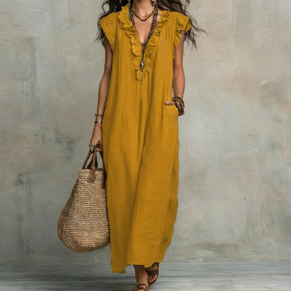 Josefina™ | Linen-Texture Maxi Dress with V-Neck & Ruffles