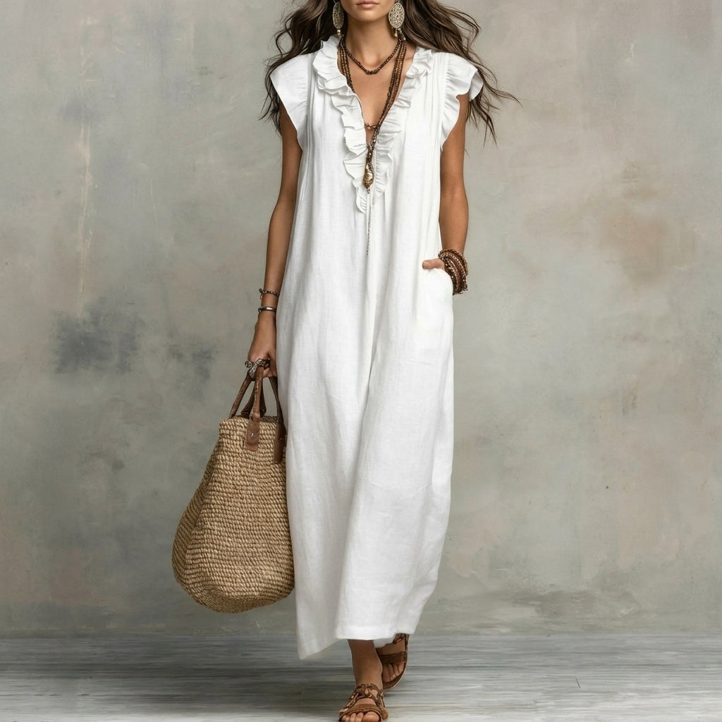 Josefina™ | Linen-Texture Maxi Dress with V-Neck & Ruffles