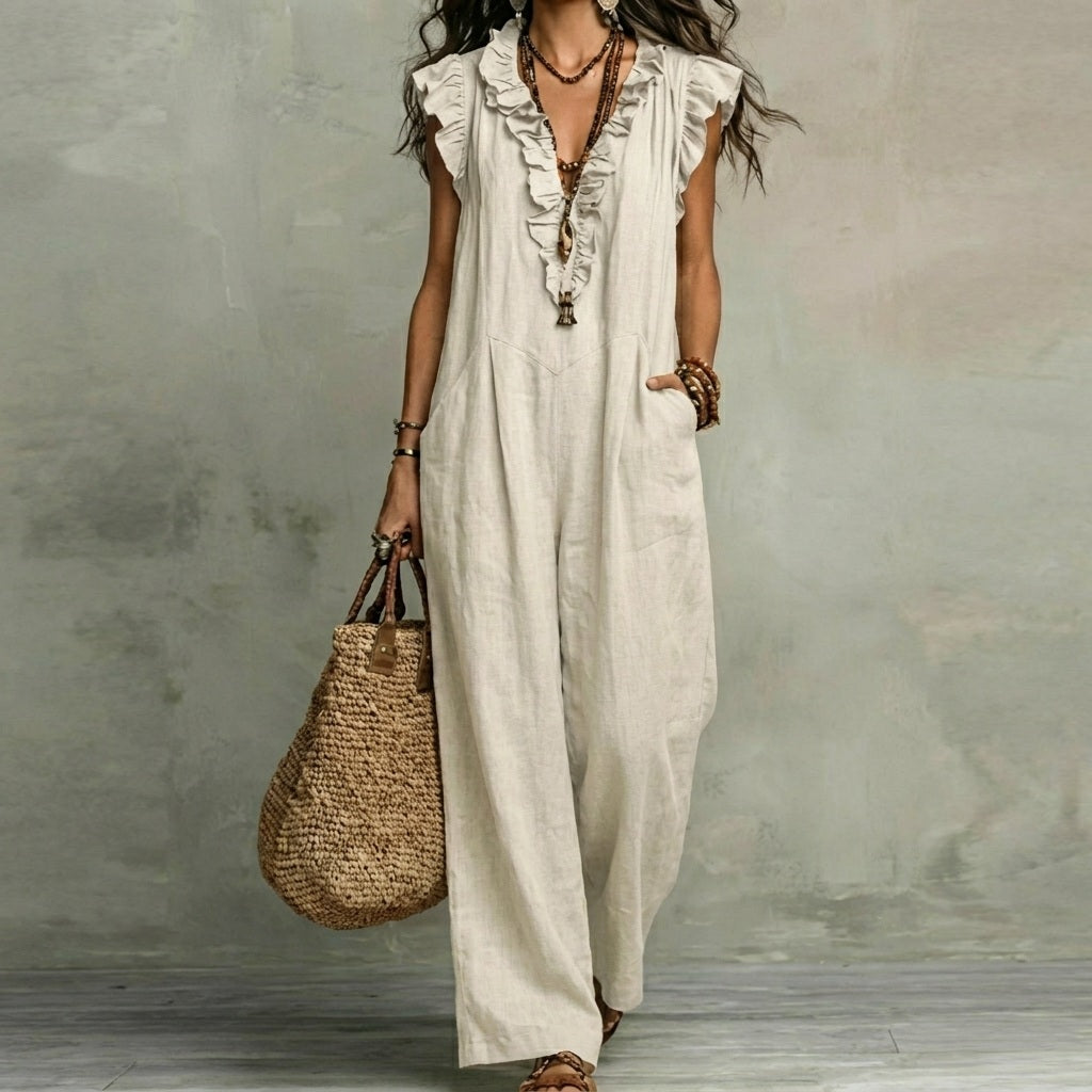 Josefina™ | Linen-Texture Maxi Dress with V-Neck & Ruffles