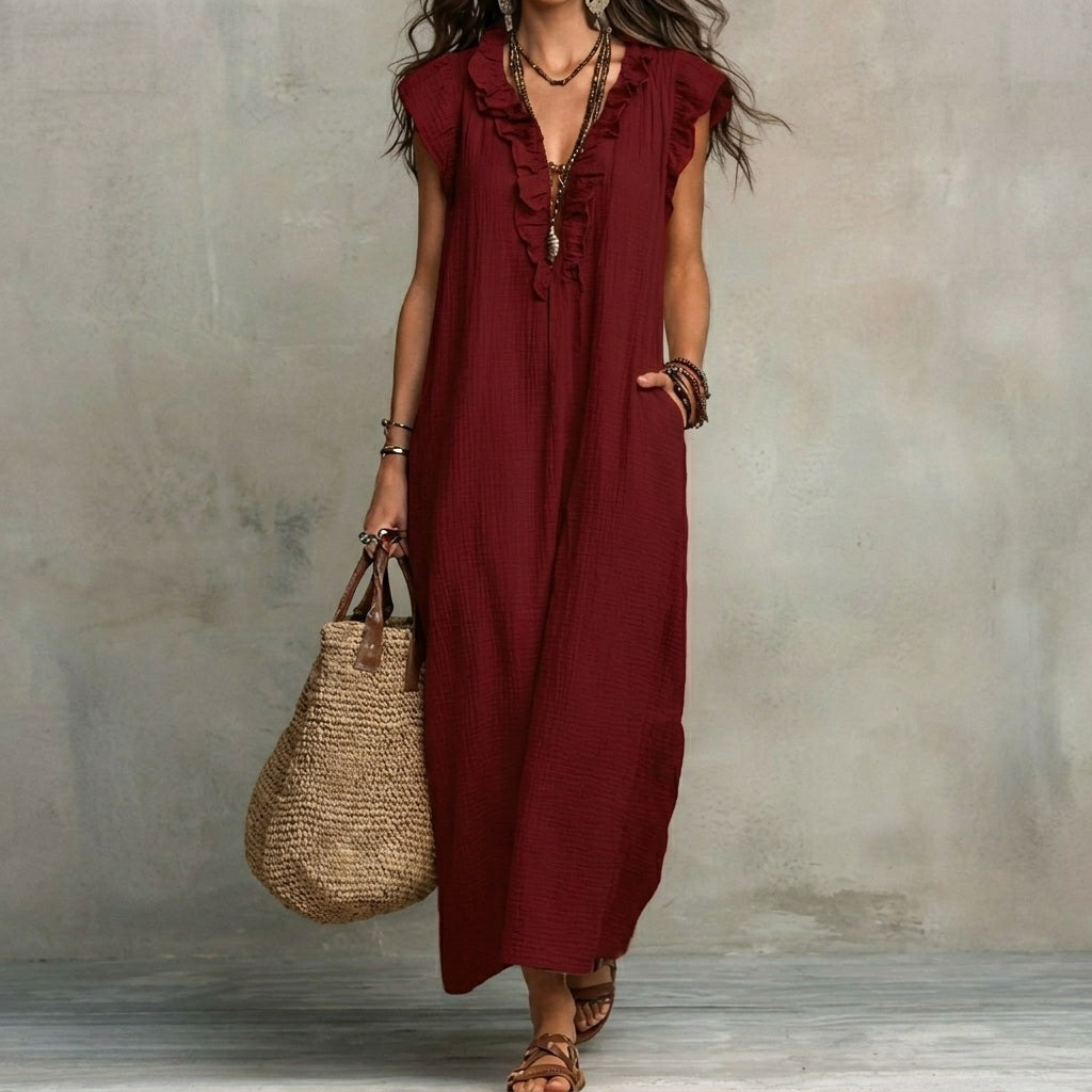 Josefina™ | Linen-Texture Maxi Dress with V-Neck & Ruffles