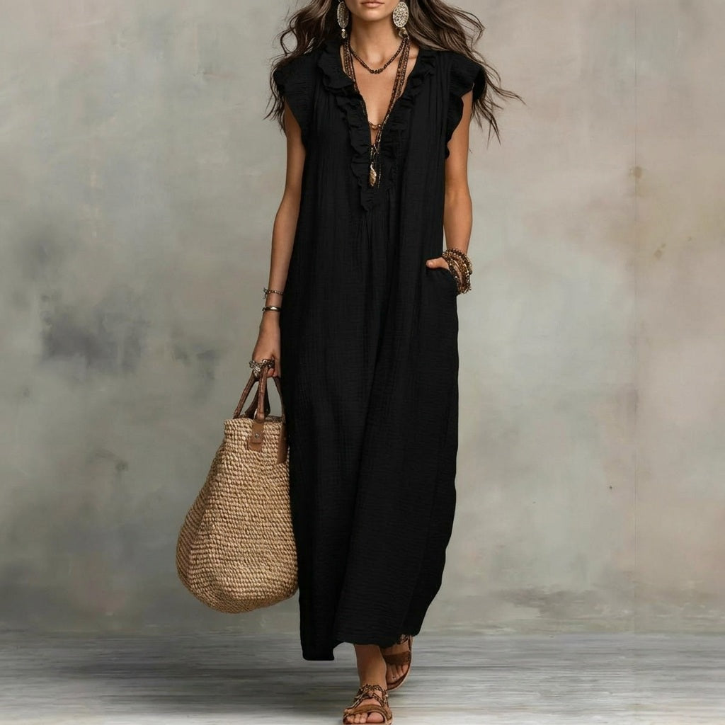 Josefina™ | Linen-Texture Maxi Dress with V-Neck & Ruffles