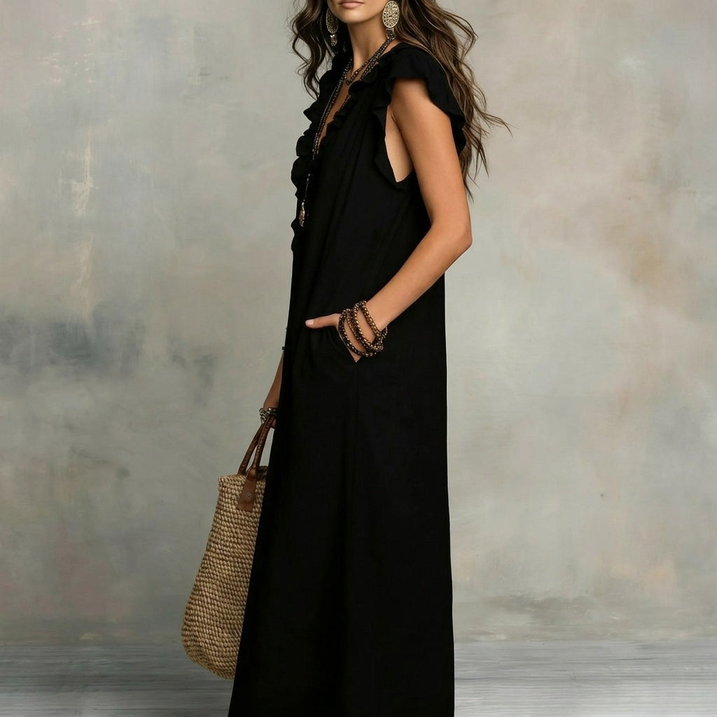 Josefina™ | Linen-Texture Maxi Dress with V-Neck & Ruffles