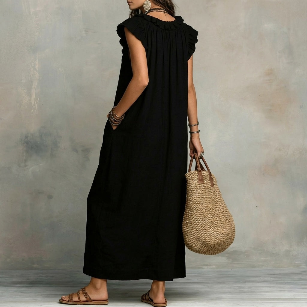 Josefina™ | Linen-Texture Maxi Dress with V-Neck & Ruffles