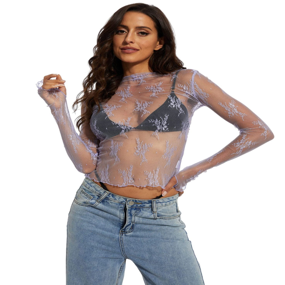NOVY™ - Lace Mesh Long Sleeve Fitted Blouse