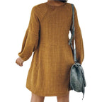 SAKA™ - Cozy Ribbed Bishop Sleeve Round Neck Mini Dress