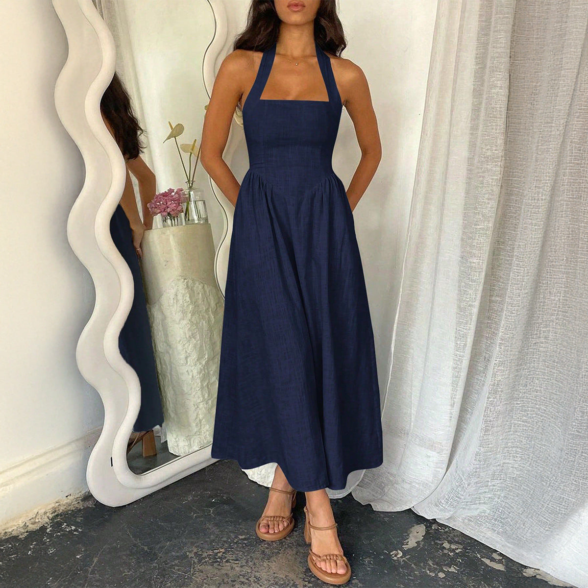 MYRNA™ - Vintage Summer Sleeveless Halter Neck A Line Maxi Dress