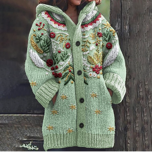 Marnie | Festive Hooded Knit Cardigan - Green