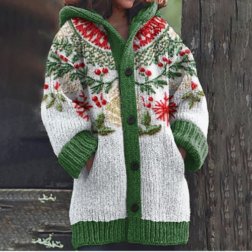 Marnie | Festive Hooded Knit Cardigan - White Green