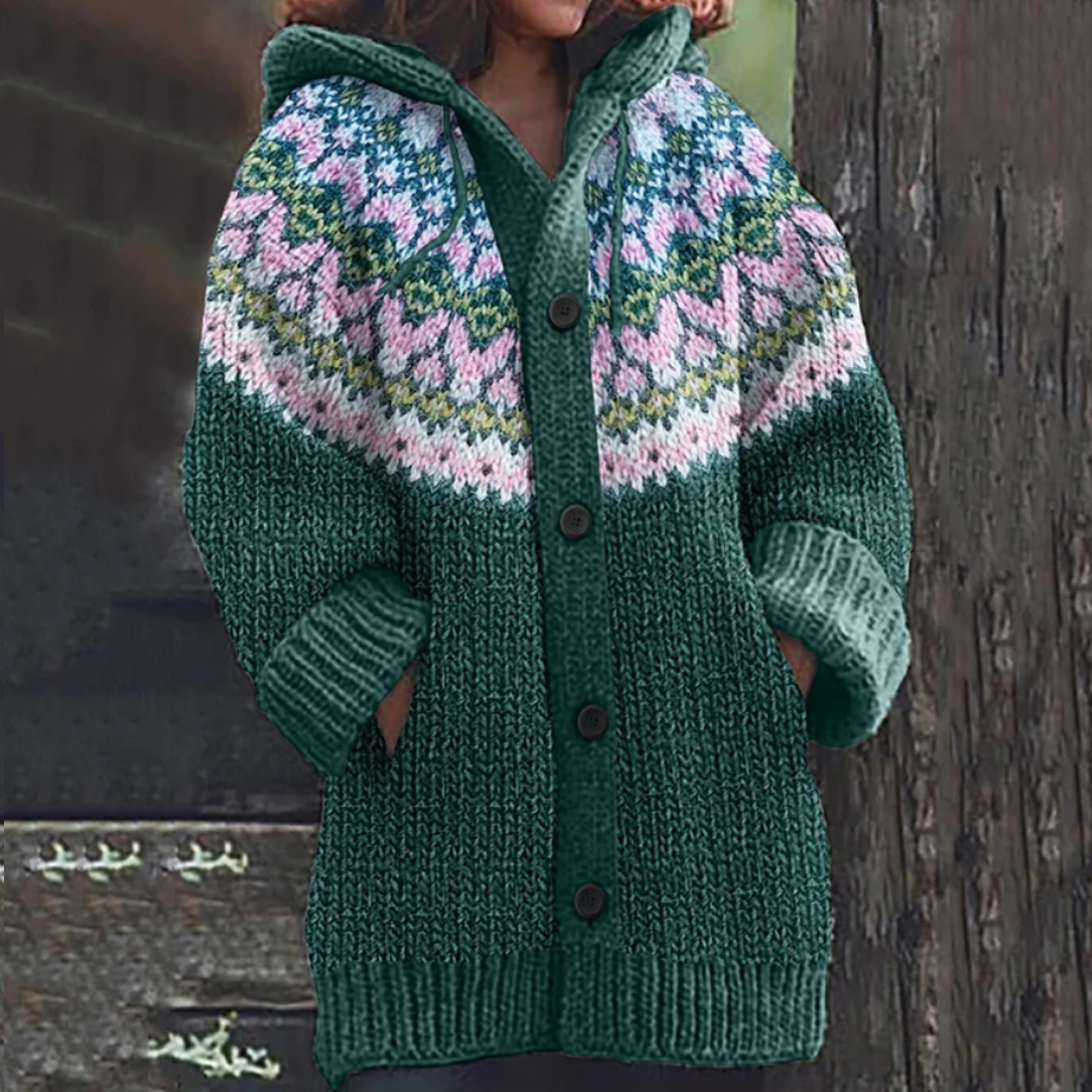 Millicent | Cozy Patterned Hooded Cardigan - Green