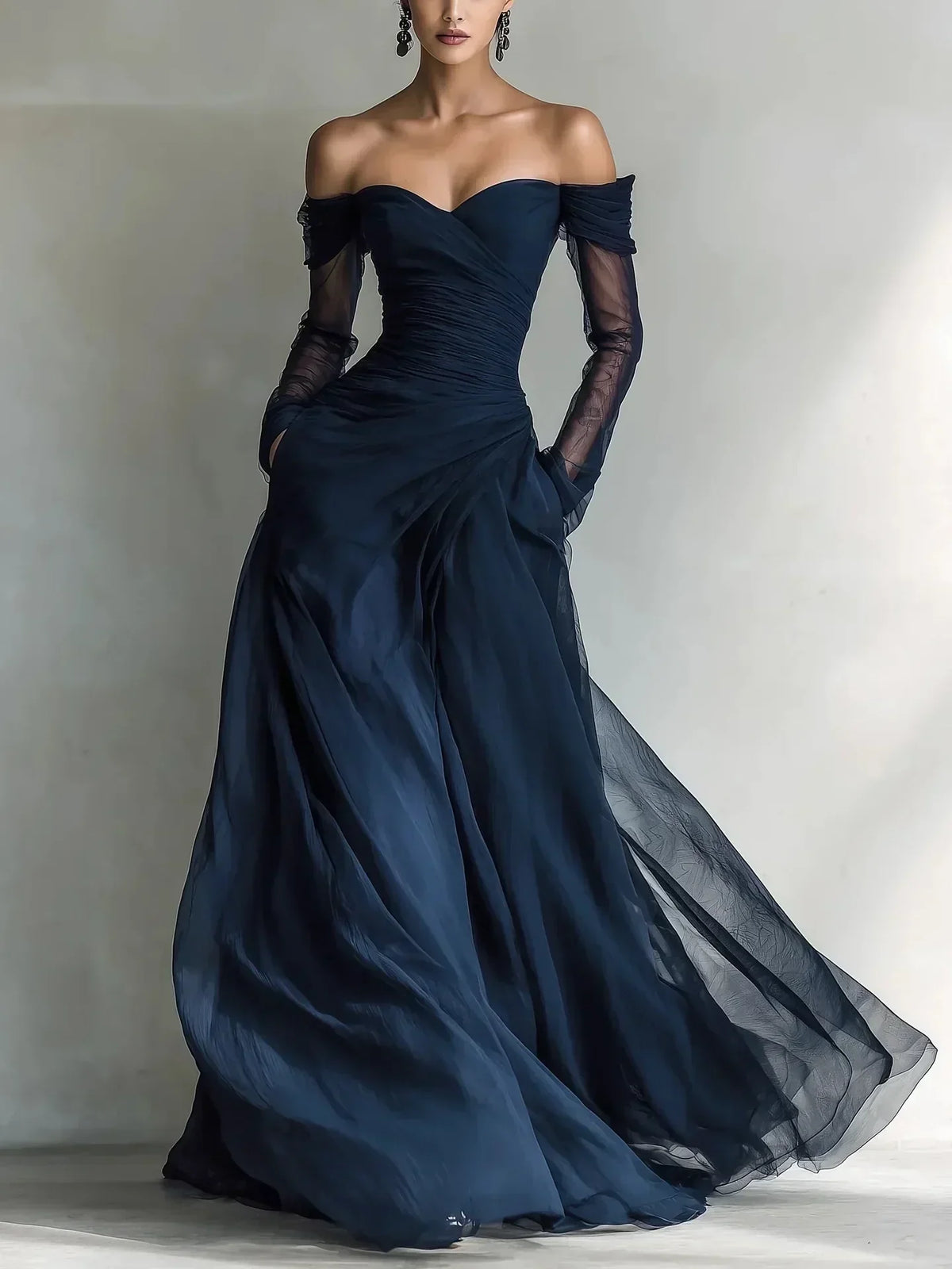 Eleonora | Long dress with off-the-shoulder design and mesh inserts