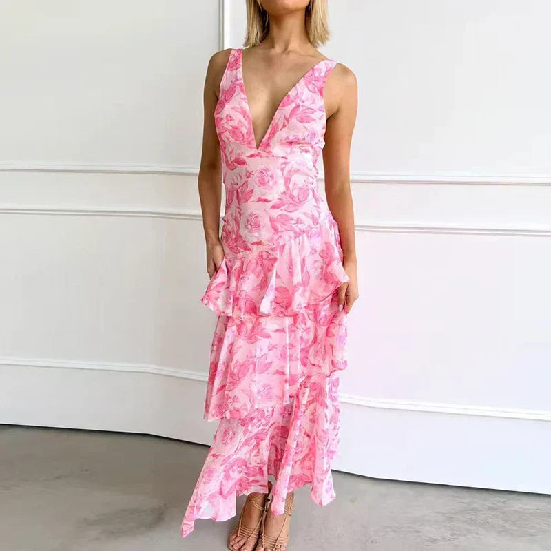 Xavryna – Floral Tiered Maxi Dress with Deep V-Neck