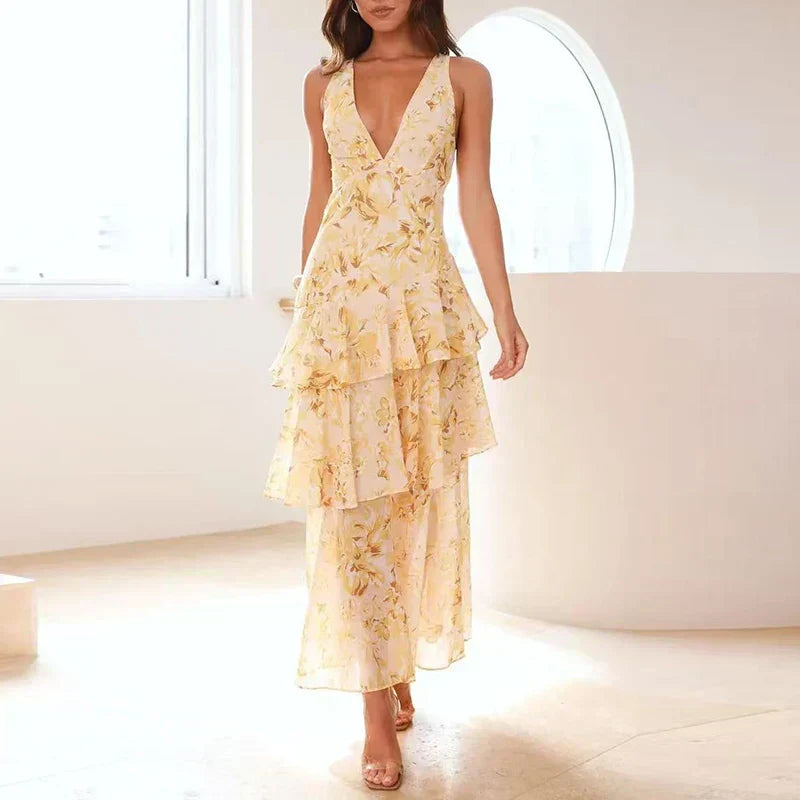 Xavryna – Floral Tiered Maxi Dress with Deep V-Neck