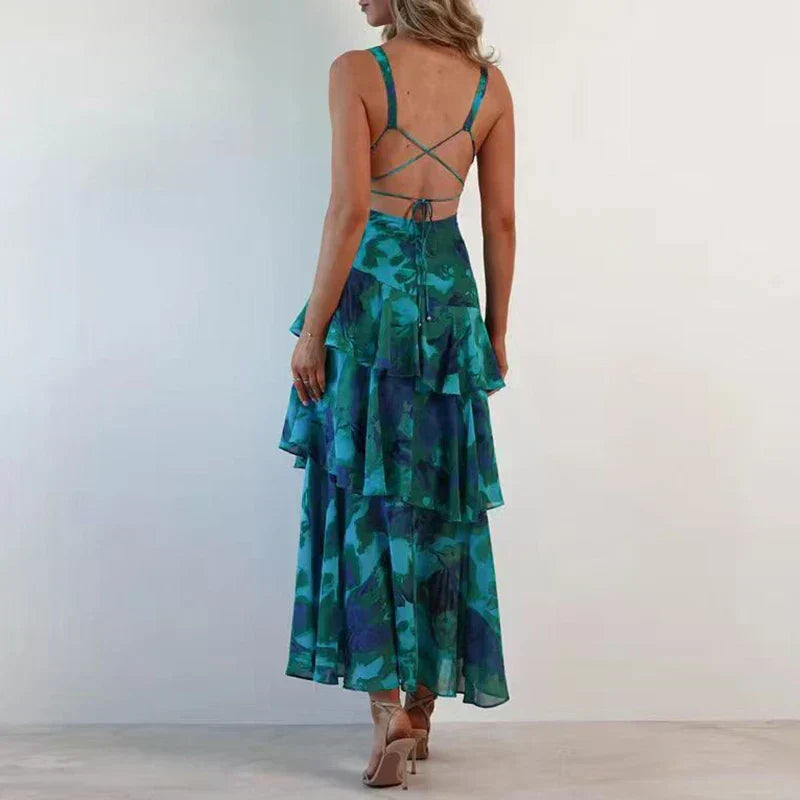 Xavryna – Floral Tiered Maxi Dress with Deep V-Neck