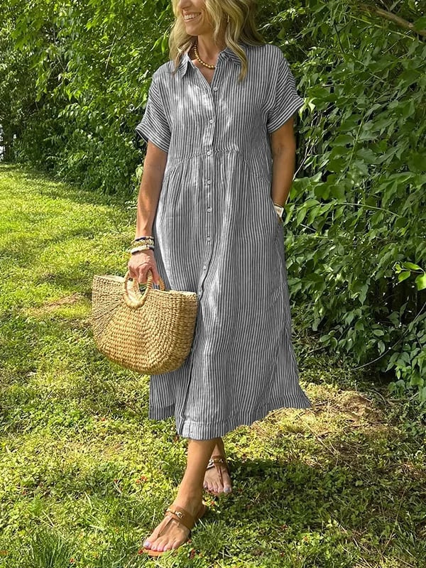 Sloane | Women's Linen Stripe Button-Down Short Sleeve Midi Dress