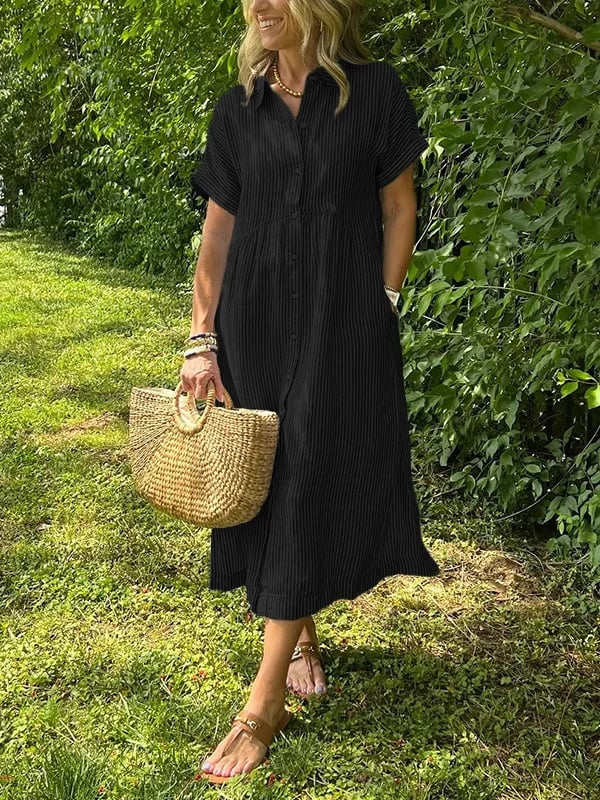 Sloane | Women's Linen Stripe Button-Down Short Sleeve Midi Dress