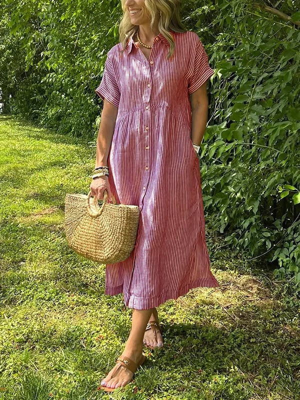 Sloane | Women's Linen Stripe Button-Down Short Sleeve Midi Dress