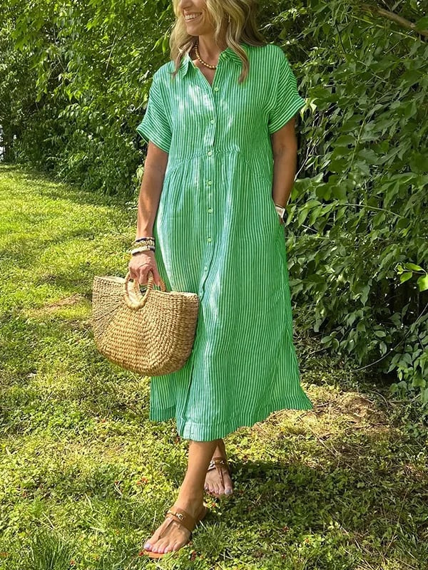 Sloane | Women's Linen Stripe Button-Down Short Sleeve Midi Dress