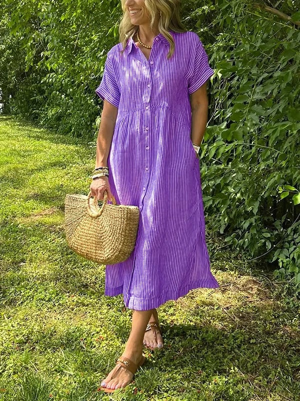 Sloane | Women's Linen Stripe Button-Down Short Sleeve Midi Dress