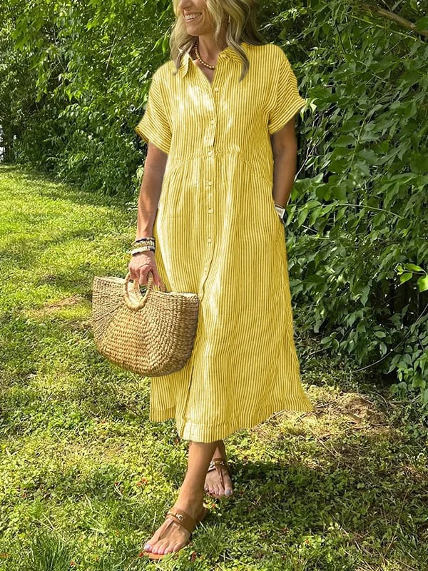 Sloane | Women's Linen Stripe Button-Down Short Sleeve Midi Dress