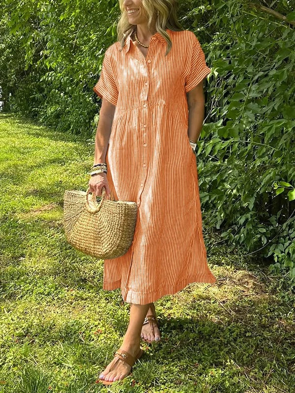 Sloane | Women's Linen Stripe Button-Down Short Sleeve Midi Dress