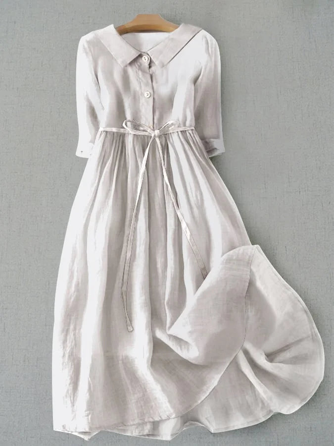 Sutton | Women's Linen Collared Gathered Waist Midi Dress