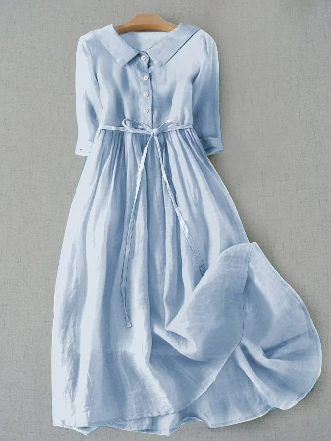 Sutton | Women's Linen Collared Gathered Waist Midi Dress