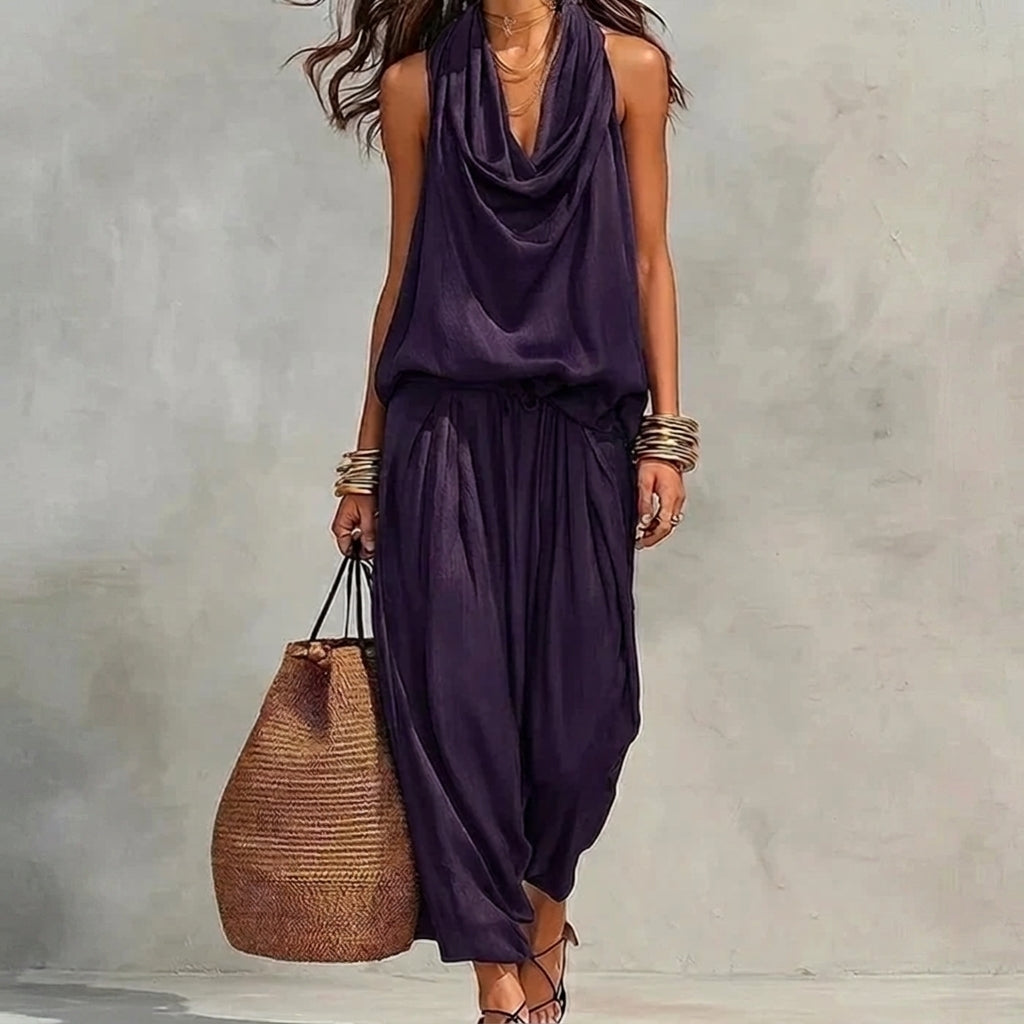 Ambra | Flowy Set with Draped Halter Top and Pants - Purple